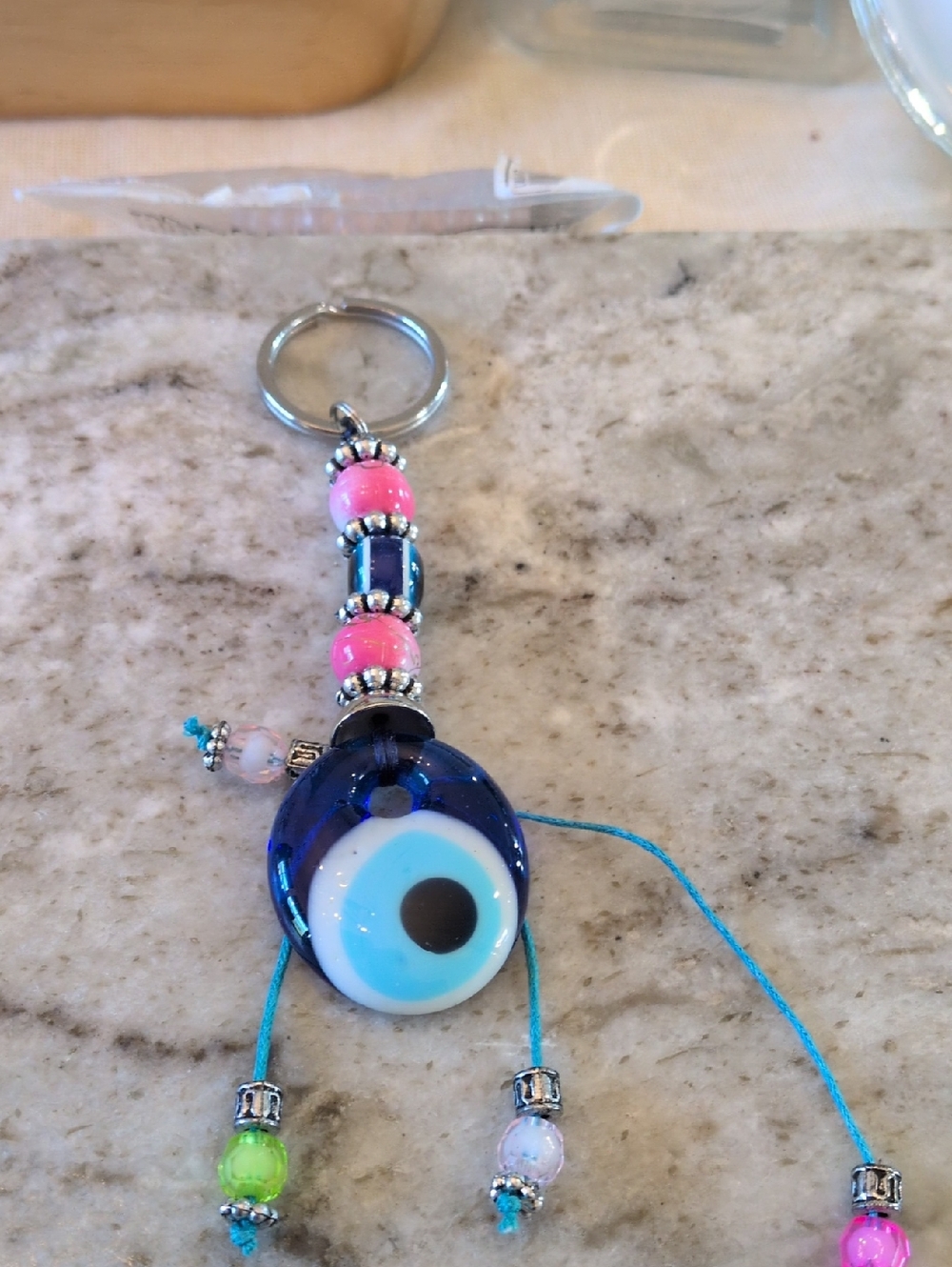 Blue Evil Eye Glass Bead Keychain with Pink Accent Beads